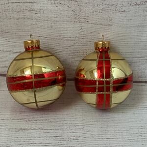 Vintage Gold and Red Plaid Glittery Glass Christmas Bulb Ornaments Set of 2